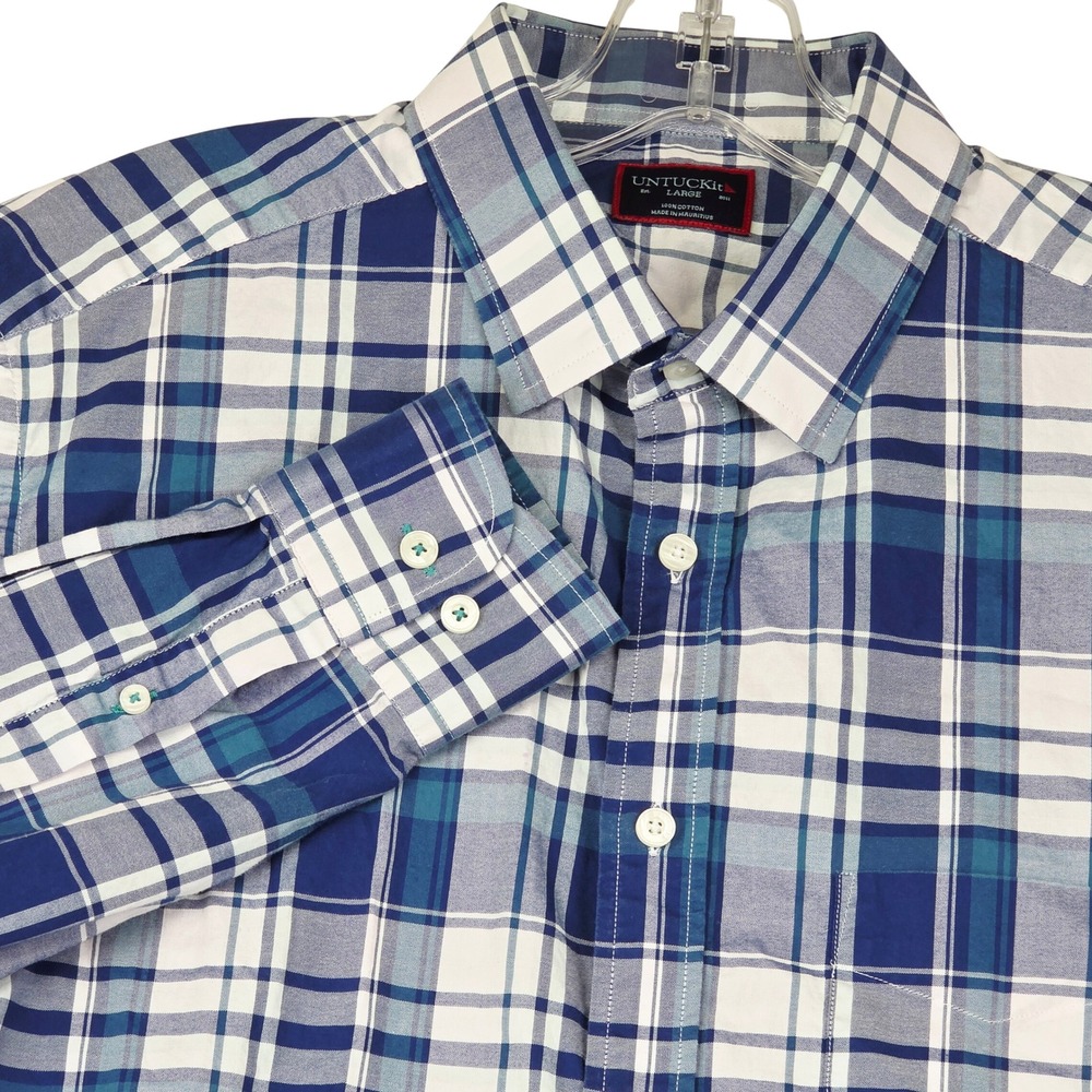 UNTUCKit Shirt 1Men's Large Blue White Plaid Long Sleeve Button Down Cotton